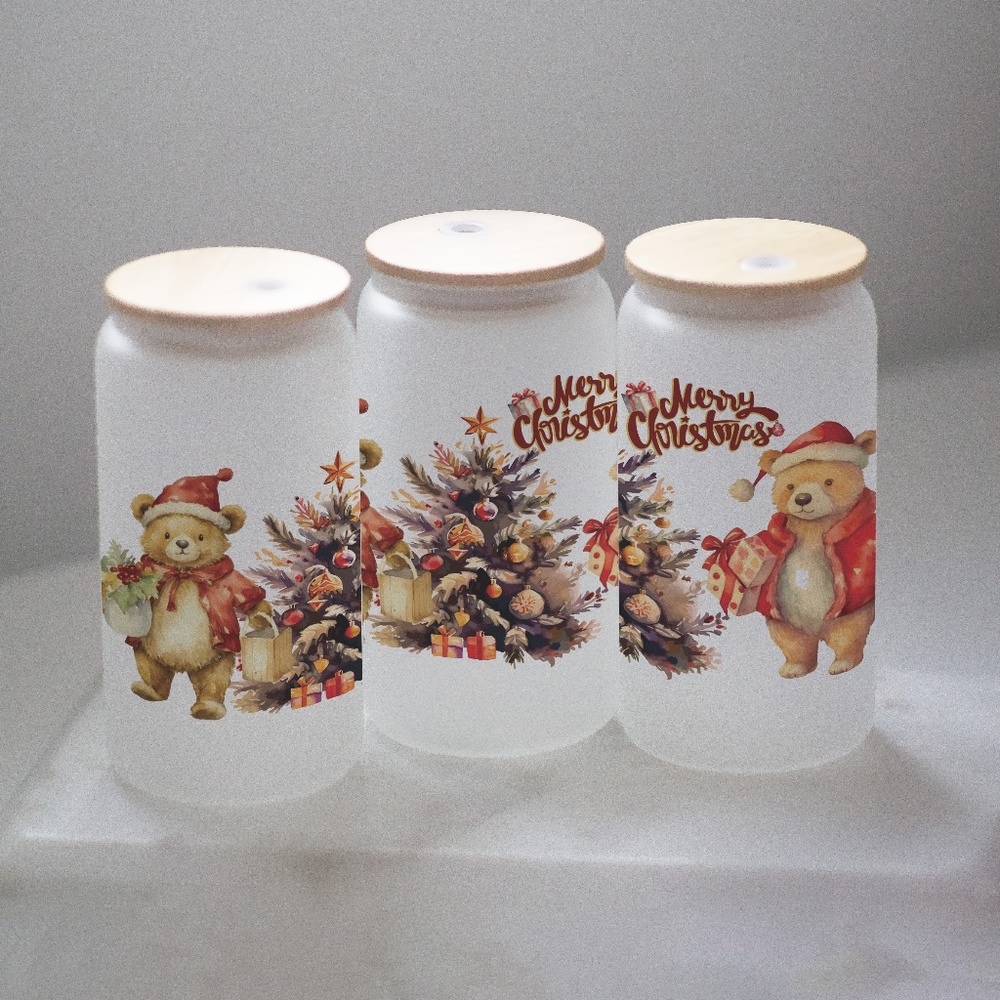 Merry Christmas Glasses cup 16 oz glass cup with Straw & Bamboo Lid.